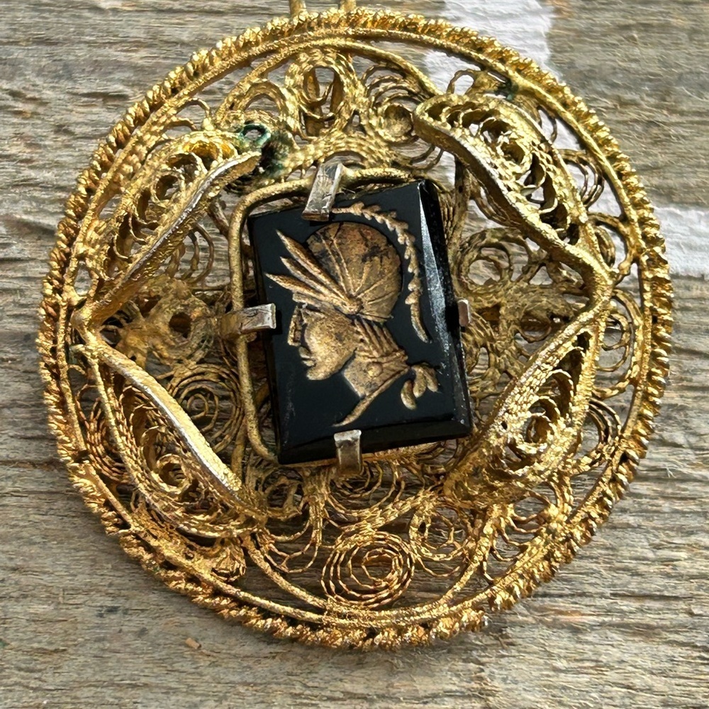 4/$100 Roman Elegant Gold and Black Filigree Pendant and brooch